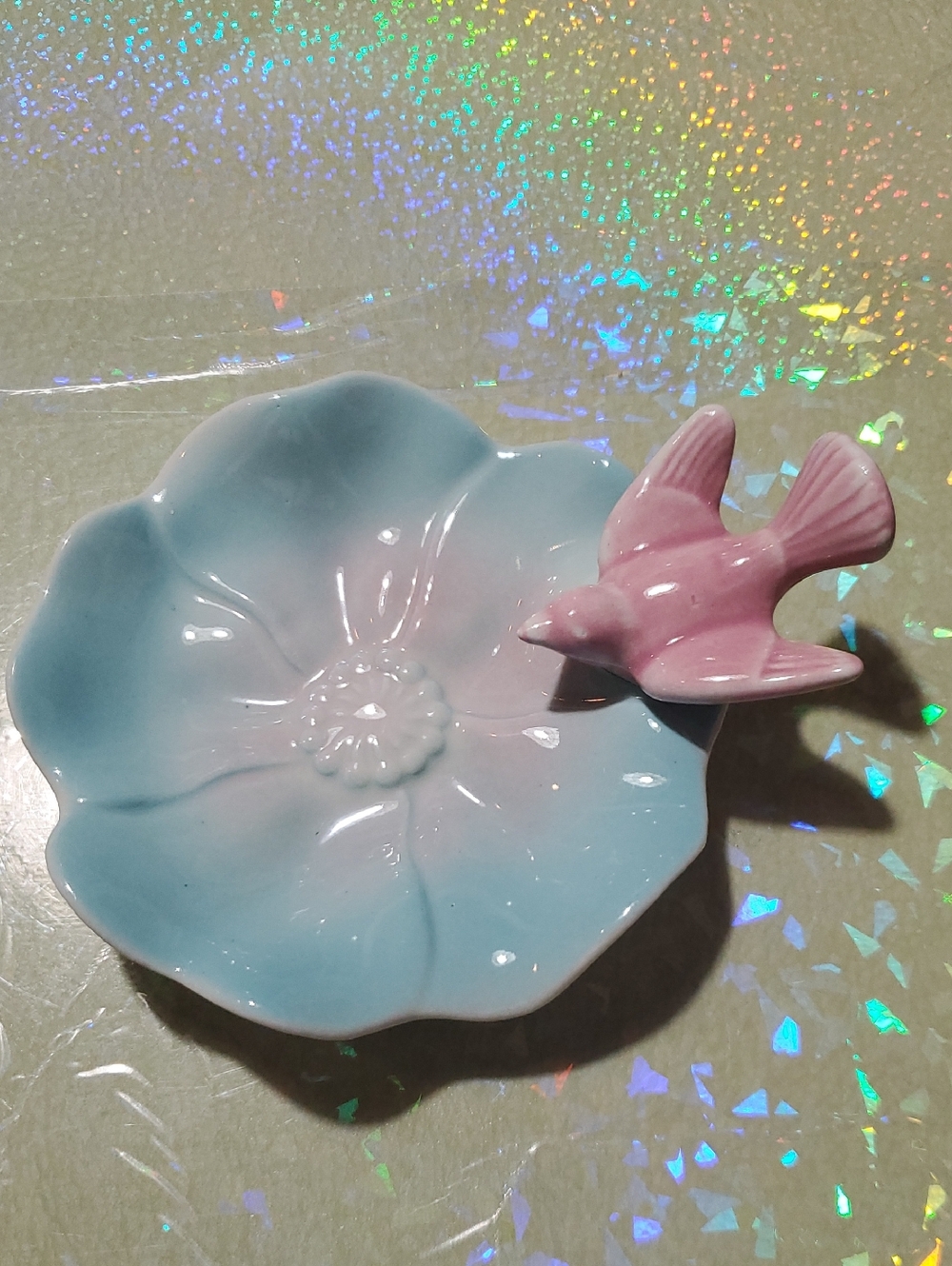 Royal Copley Ceramic Blue Flower Dish with Pink Bird Accent - Jewelry Dish